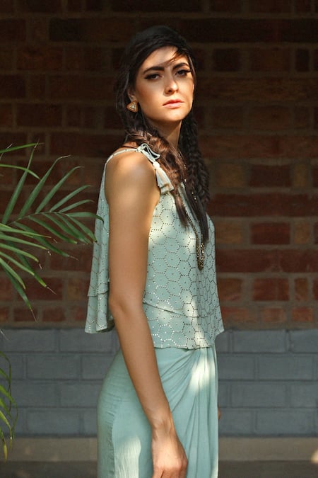 Enech_Green Top Shimmer Georgette Skirt Silk Modal Round Embellished And Set _Online_at_Aza_Fashions