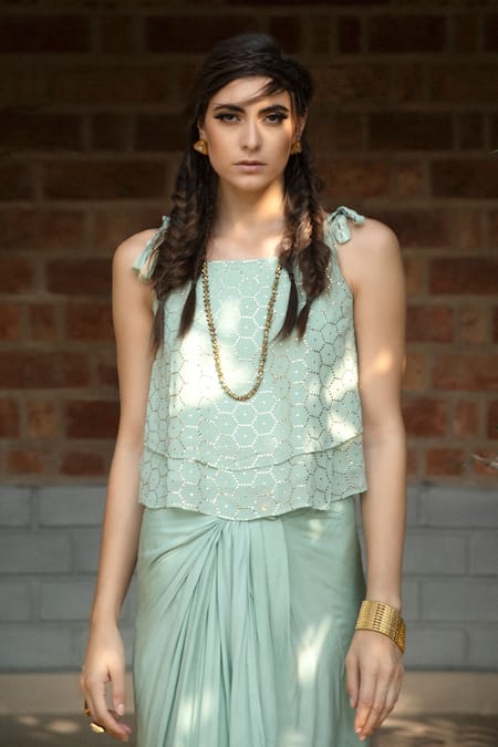 Buy_Enech_Green Top Shimmer Georgette Skirt Silk Modal Round Embellished And Set _Online_at_Aza_Fashions