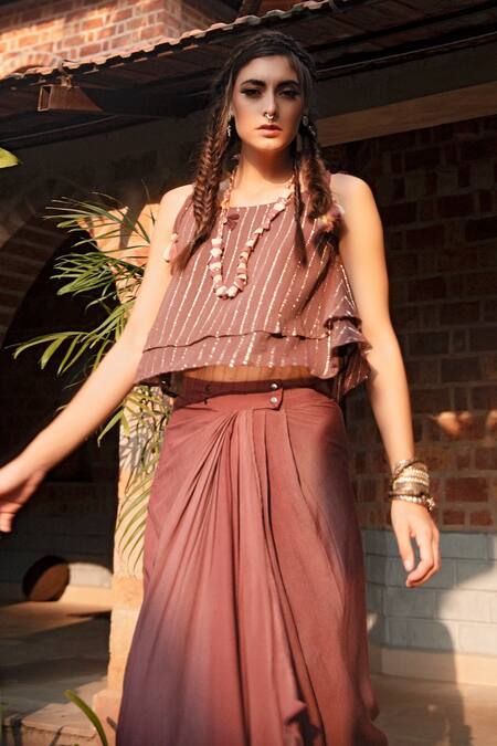 Enech_Maroon Top Shimmer Georgette Skirt Silk Modal Round Embellished And Set _Online_at_Aza_Fashions