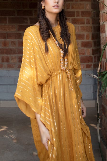 Enech_Yellow Shimmer Georgette Round Embellished Kaftan _at_Aza_Fashions