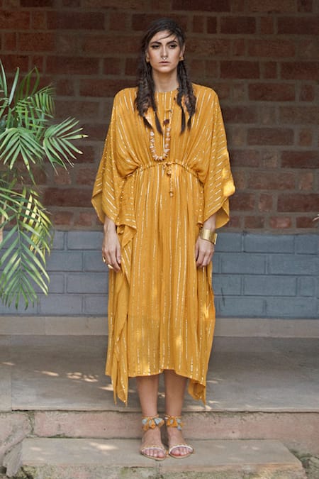 Shop_Enech_Yellow Shimmer Georgette Round Embellished Kaftan _at_Aza_Fashions