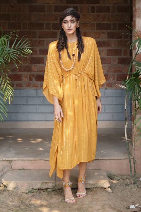 Buy_Enech_Yellow Shimmer Georgette Round Embellished Kaftan _Online_at_Aza_Fashions
