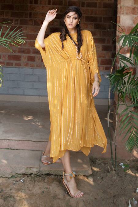 Shop_Enech_Yellow Shimmer Georgette Round Embellished Kaftan _Online_at_Aza_Fashions