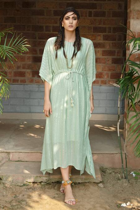 Enech Green Shimmer Georgette Round Embellished Kaftan 