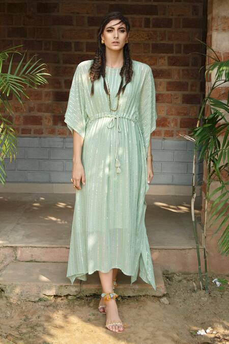 Shop_Enech_Green Shimmer Georgette Round Embellished Kaftan _at_Aza_Fashions