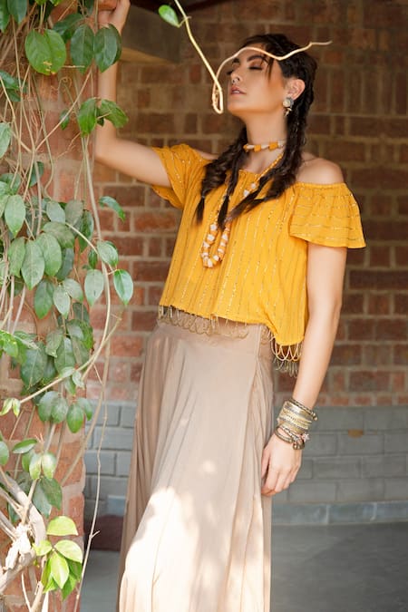 Enech_Yellow Pant Silk Modal Top Shimmer Georgette One Embellished With Draped _Online_at_Aza_Fashions