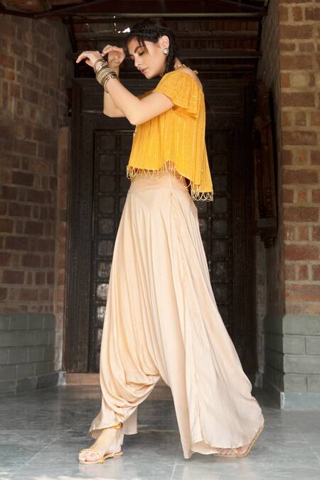 Buy_Enech_Yellow Pant Silk Modal Top Shimmer Georgette One Embellished With Draped _Online_at_Aza_Fashions