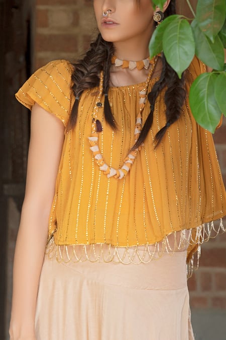 Shop_Enech_Yellow Pant Silk Modal Top Shimmer Georgette One Embellished With Draped _Online_at_Aza_Fashions