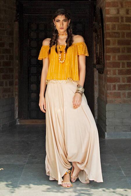 Enech_Yellow Pant Silk Modal Top Shimmer Georgette One Embellished With Draped _at_Aza_Fashions