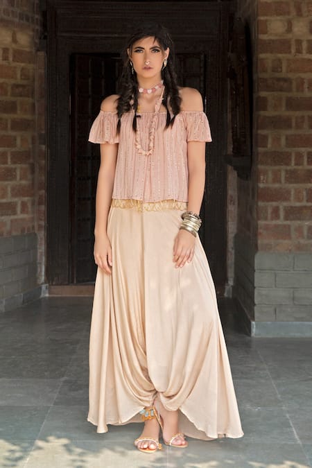 Enech Pink Pant Silk Modal Top Shimmer Georgette One Embellished With Draped 