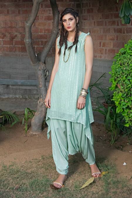Shop_Enech_Green Pant Silk Modal Kurta Shimmer Georgette Round Embellished Dhoti Set _Online_at_Aza_Fashions