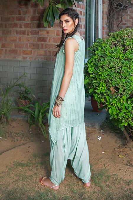 Enech_Green Pant Silk Modal Kurta Shimmer Georgette Round Embellished Dhoti Set _Online_at_Aza_Fashions