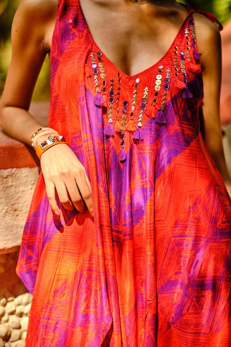 Shop Enech Orange Silk Modal V Neck Printed Jumpsuit at Aza Fashions Shop_Enech_Orange Silk Modal V Neck Printed Jumpsuit _at_Aza_Fashions