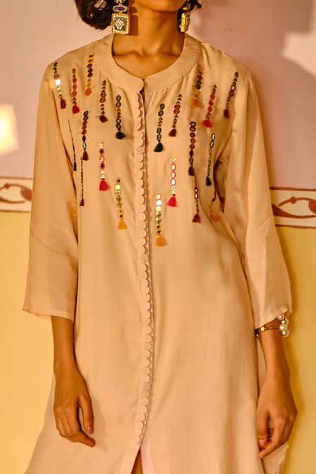 Shop Enech Beige Silk Modal Round Embroidered Kurta And Pant Set at Aza Fashions Shop_Enech_Beige Silk Modal Round Embroidered Kurta And Pant Set _at_Aza_Fashions