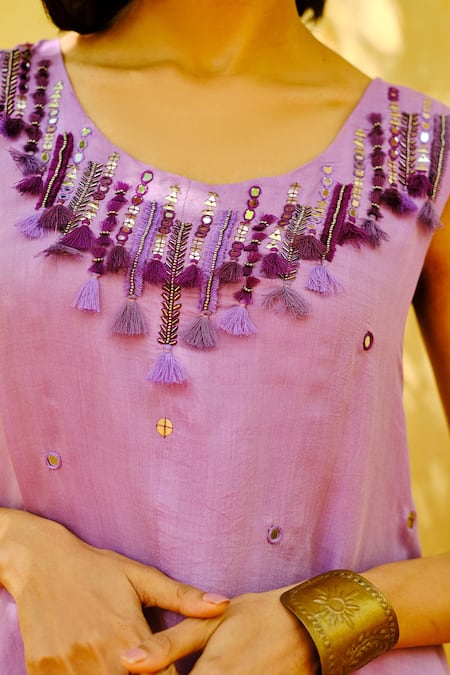 Shop Enech Purple Silk Modal Round Embellished Kurta And Draped Pant Set at Aza Fashions Shop_Enech_Purple Silk Modal Round Embellished Kurta And Draped Pant Set _at_Aza_Fashions