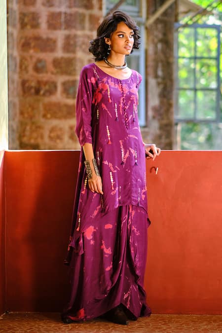 Enech Purple Silk Modal Round Tie Dye Draped Dress