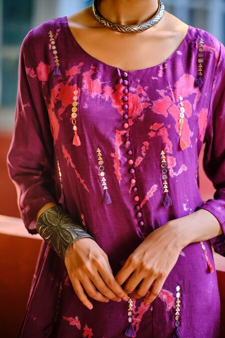 Shop Enech Purple Silk Modal Round Tie Dye Draped Dress at Aza Fashions Shop_Enech_Purple Silk Modal Round Tie Dye Draped Dress _at_Aza_Fashions