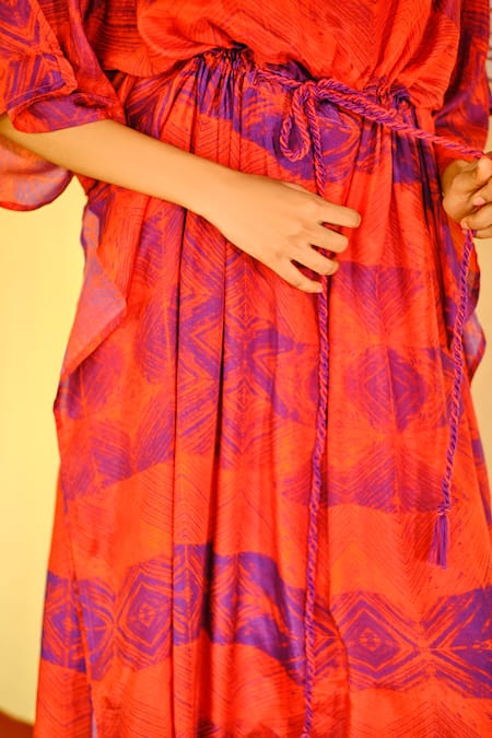 Shop Enech Orange Silk Modal V Neck Printed Kaftan at Aza Fashions Shop_Enech_Orange Silk Modal V Neck Printed Kaftan _at_Aza_Fashions