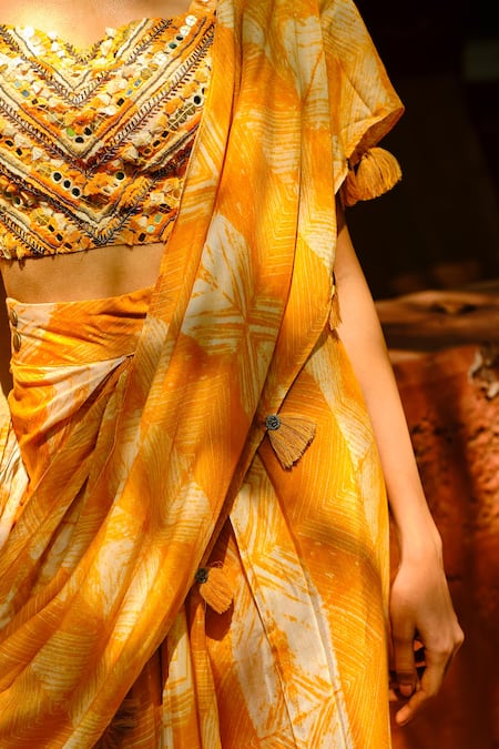 Shop Enech Yellow Silk Modal Sweetheart Neck Printed Pre-draped Saree With Blouse at Aza Fashions Shop_Enech_Yellow Silk Modal Sweetheart Neck Printed Pre-draped Saree With Blouse _at_Aza_Fashions