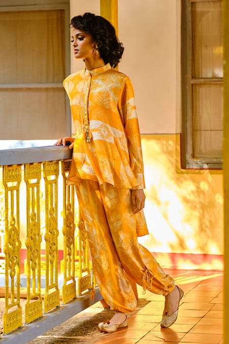 Enech Yellow Silk Modal Mandarin Collar Printed Kurta And Pant Set