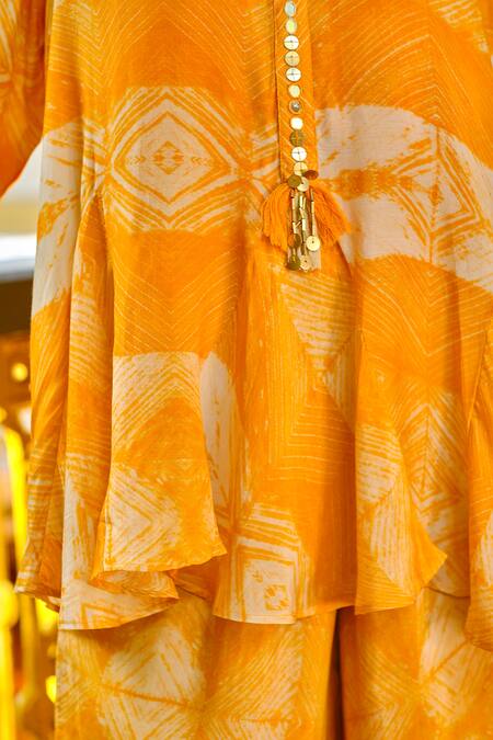 Enech Yellow Silk Modal Mandarin Collar Printed Kurta And Pant Set Online at Aza Fashions Enech_Yellow Silk Modal Mandarin Collar Printed Kurta And Pant Set _Online_at_Aza_Fashions
