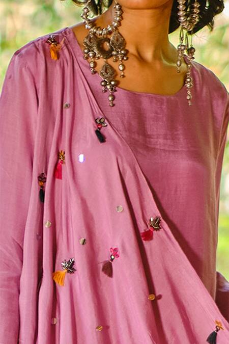 Enech Pink Silk Modal Round Draped Kurta And Pant Set Online at Aza Fashions Enech_Pink Silk Modal Round Draped Kurta And Pant Set _Online_at_Aza_Fashions