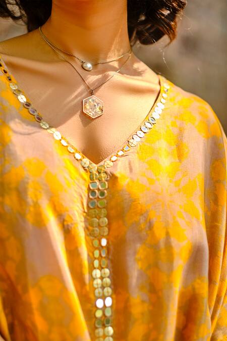 Enech_Yellow Silk Modal V Neck Printed Kurta And Palazzo Set  _Online_at_Aza_Fashions