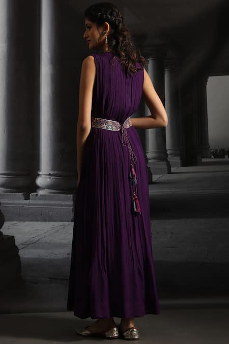 Anju Modi - Purple Chiffon Pleated Maxi Dress With Belt