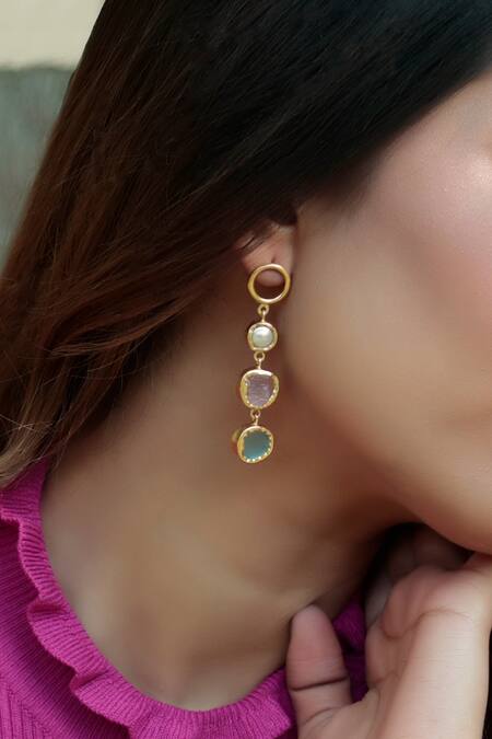 Shop_Zariin_Gold Plated Pearls, Stones Studded Dangler Earrings _at_Aza_Fashions