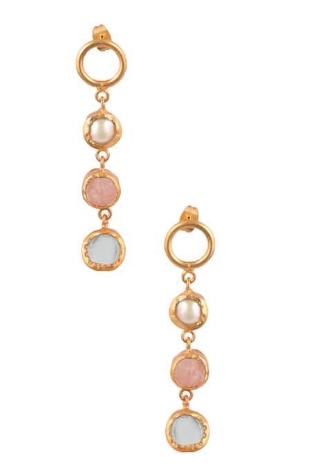 Zariin Gold Plated Pearls, Stones Studded Dangler Earrings 
