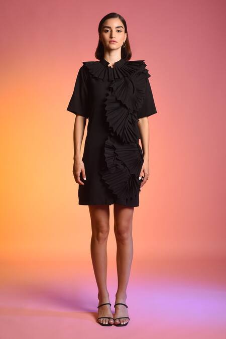 Buy Echostudio Black Poly Crepe Band Collar Frill Dress Online at Aza Fashions Buy_Echostudio_Black Poly Crepe Band Collar Frill Dress _Online_at_Aza_Fashions