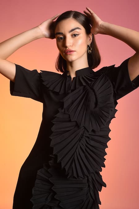 Shop Echostudio Black Poly Crepe Band Collar Frill Dress Online at Aza Fashions Shop_Echostudio_Black Poly Crepe Band Collar Frill Dress _Online_at_Aza_Fashions