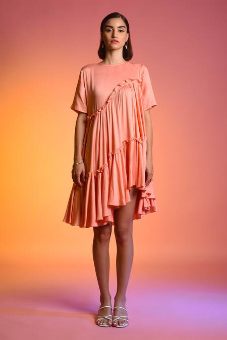 Shop Echostudio Pink Cotton Satin Round Layered Dress Online at Aza Fashions Shop_Echostudio_Pink Cotton Satin Round Layered Dress _Online_at_Aza_Fashions