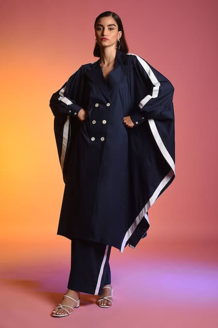 Echostudio Blue Cotton Lapel Collar Kaftan Top 