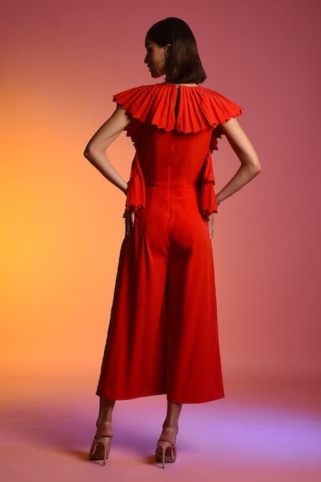 Shop_Echostudio_Red Poly Crepe V Neck Pleated Jumpsuit _at_Aza_Fashions