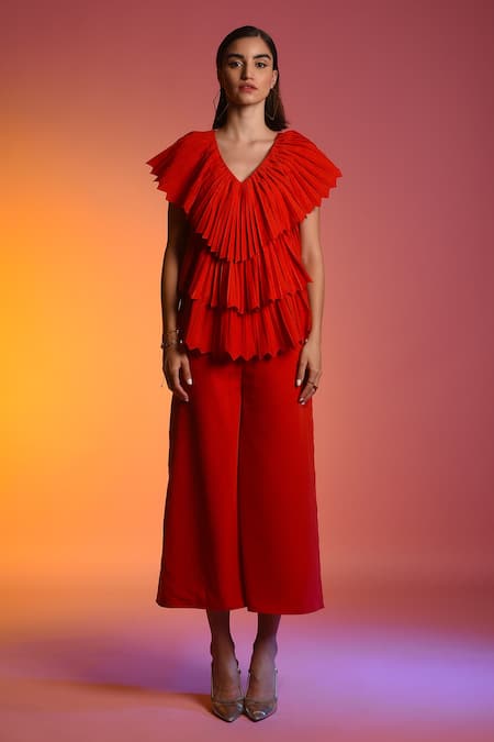 Echostudio_Red Poly Crepe V Neck Pleated Jumpsuit _Online_at_Aza_Fashions