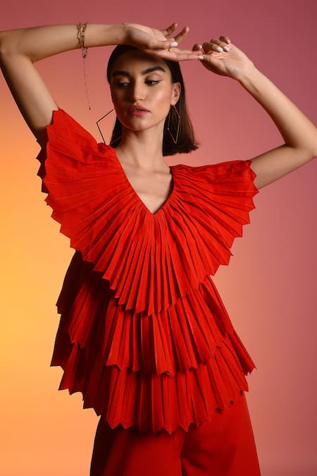Buy_Echostudio_Red Poly Crepe V Neck Pleated Jumpsuit _Online_at_Aza_Fashions