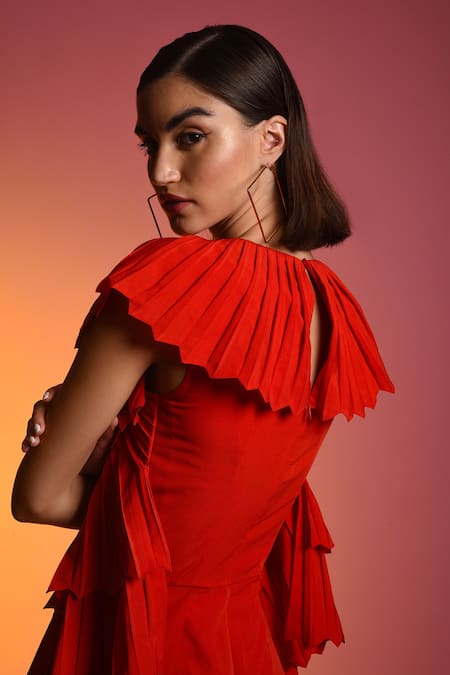 Shop_Echostudio_Red Poly Crepe V Neck Pleated Jumpsuit _Online_at_Aza_Fashions
