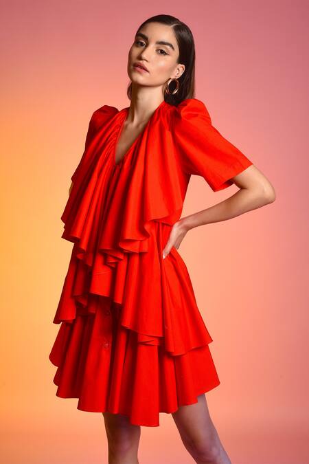 Buy Echostudio Red Cotton V Neck Ruffle Dress Online at Aza Fashions Buy_Echostudio_Red Cotton V Neck Ruffle Dress _Online_at_Aza_Fashions