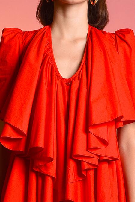 Shop Echostudio Red Cotton V Neck Ruffle Dress Online at Aza Fashions Shop_Echostudio_Red Cotton V Neck Ruffle Dress _Online_at_Aza_Fashions