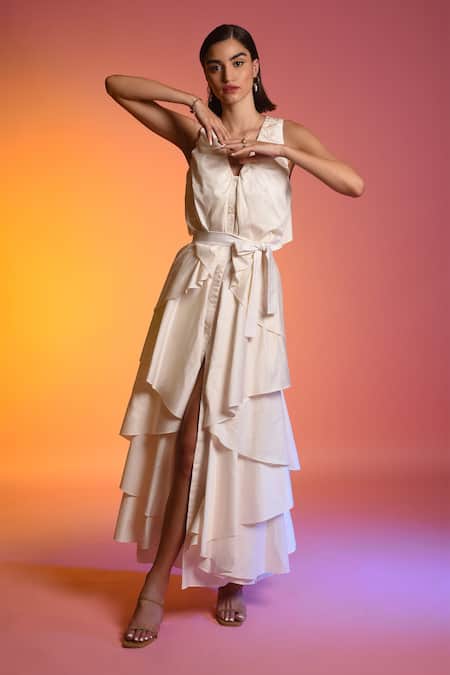 Echostudio White Cotton V Neck Ruffle Dress Online at Aza Fashions Echostudio_White Cotton V Neck Ruffle Dress _Online_at_Aza_Fashions