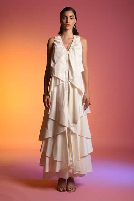 Shop Echostudio White Cotton V Neck Ruffle Dress Online at Aza Fashions Shop_Echostudio_White Cotton V Neck Ruffle Dress _Online_at_Aza_Fashions