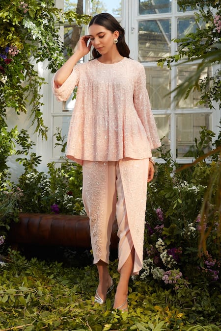 Rococo Pink Georgette Bead Work, Sequins Round Era Embroidered Tunic And Dhoti Pant Set 