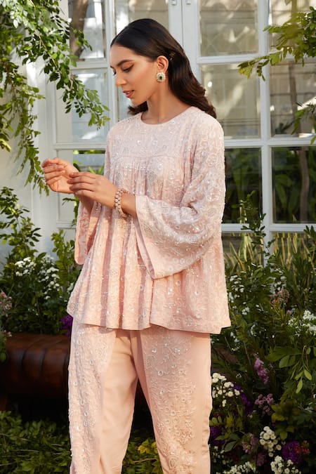 Rococo_Pink Georgette Bead Work, Sequins Round Era Embroidered Tunic And Dhoti Pant Set _Online_at_Aza_Fashions