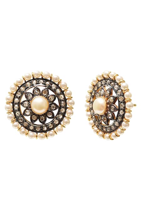 The Alchemy Studio_Black Diamonds, Pearls Floral Stud Earrings _Online_at_Aza_Fashions