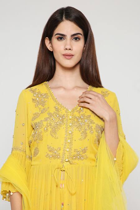 Bha Sha Yellow Georgette, Net, Silk Cut Work, Erica Embroidered Peplum Tunic Sharara Set Online at Aza Fashions Bha Sha_Yellow Georgette, Net, Silk Cut Work, Erica Embroidered Peplum Tunic Sharara Set _Online_at_Aza_Fashions