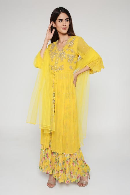 Buy Bha Sha Yellow Georgette, Net, Silk Cut Work, Erica Embroidered Peplum Tunic Sharara Set Online at Aza Fashions Buy_Bha Sha_Yellow Georgette, Net, Silk Cut Work, Erica Embroidered Peplum Tunic Sharara Set _Online_at_Aza_Fashions