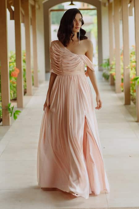 Pinup By Astha_Peach Flat Chiffon One Shoulder Eris Draped Gown _Online_at_Aza_Fashions