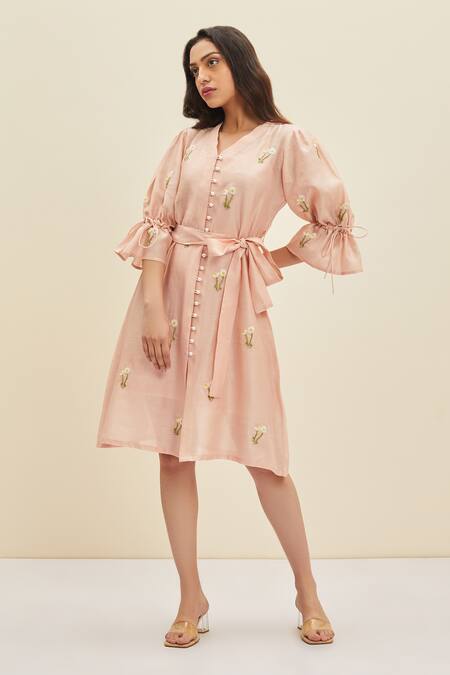 Buy_Meadow_Pink Silk, Cotton Chanderi Floral V Neck Estee Puff Sleeve Dress _Online_at_Aza_Fashions