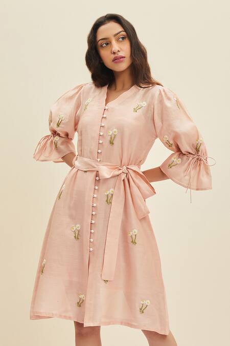 Shop_Meadow_Pink Silk, Cotton Chanderi Floral V Neck Estee Puff Sleeve Dress _Online_at_Aza_Fashions